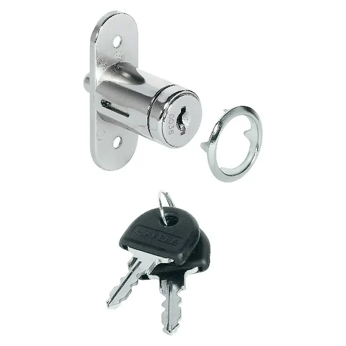 Suki Cerradura para muebles - Diámetro cilindro: 18 mm, Apto para: Puertas correderas - Una cerradura de cilindro cromada con llaves y anillo de retención, perfecta para armarios o cajones para proteger el contenido.