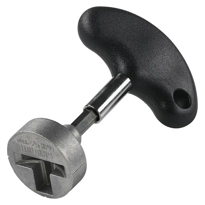 Wolfcraft Destornillador de gancho - Específico para: Ganchos anchura máxima del cabezal de 6 mm, Cáncamos anchura máxima del cabezal de 6 mm - La imagen muestra una llave especializada con mango en T, ideal para trabajos de atornillado de precisión, con un máximo de 25 RPM marcado.
