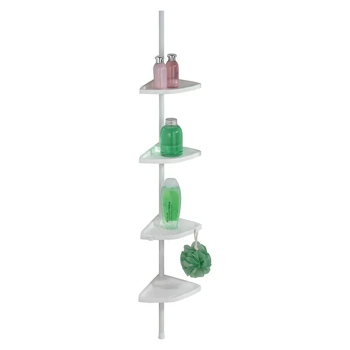Wenko Rinconera de ducha telescópica Easy - Ajuste de altura: 78 cm - 265 cm, 4 estantes, Blanco - Un organizador de ducha de esquina blanco con cuatro estantes llenos de elementos esenciales de baño como champús y una esponja de baño.