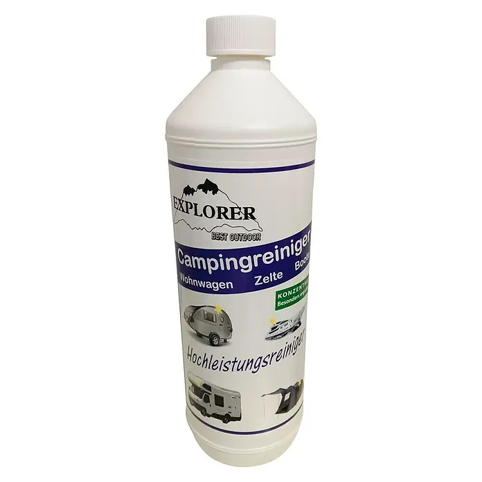 Explorer Campingreiniger - 1 l - Abbildung einer Flasche Campingreiniger von Explorer Best Outdoor, die für Wohnwagen, Zelte und Boote geeignet ist.