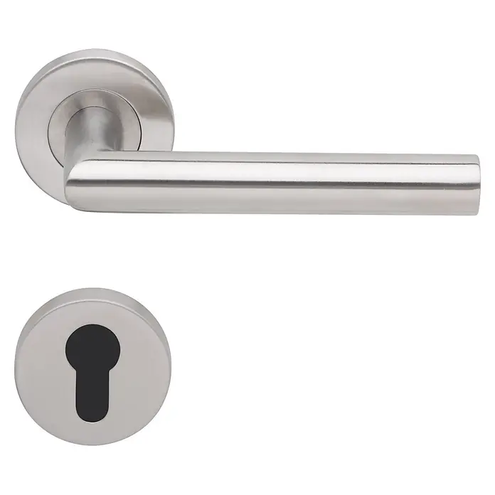 Diamond Doors Modern Schutzbeschlag warrior L-Form - Wohnungsabschlusstür, Farbe: Edelstahl matt, Knopf außen, Drücker innen, DIN 18257 ES 0, Stärke Tür: 35 mm - 45 mm - Türgriff aus Edelstahl mit rundem Rosetten- und Schlüssellochdesign für moderne Inneneinrichtung.