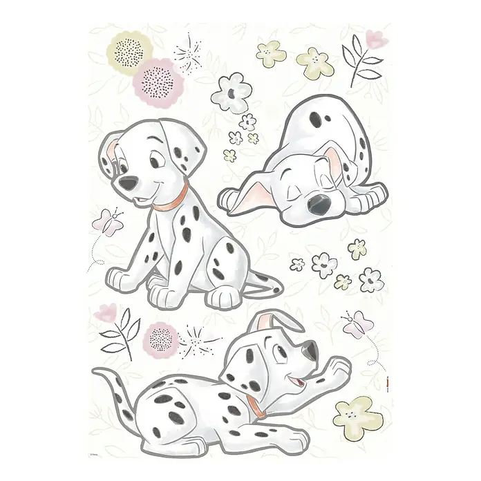 Komar Dekosticker Best Of Friends - 20 -tlg., 70 x 50 cm - Drei skizzierte Dalmatinerwelpen umgeben von Blumen, die ein nostalgisches und verspieltes Dekoratives Design für Kinderzimmer oder Spielbereiche bieten.