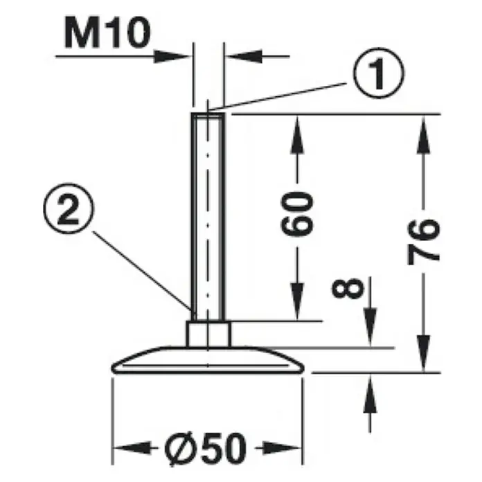 Stabilit Tornillo de regulación 476.01.104 - M 10, Largo: 60 mm, Diámetro cabeza: 50 mm - Un dibujo técnico de una pata de mueble que muestra las dimensiones: rosca M10, altura de 76 mm y diámetro de 50 mm.