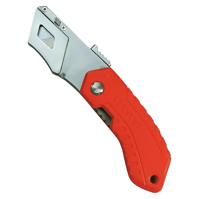 Stanley Cuchillo cúter 0-10-243 - Largo: 170 mm, Rojo - La imagen muestra un cúter Stanley con mango rojo y hoja plateada.