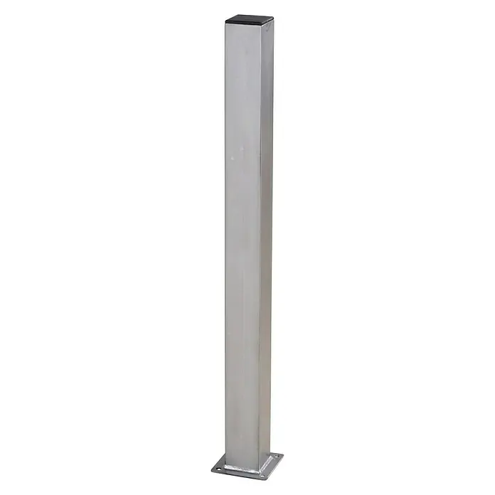 Plus Zaunpfosten - 8 x 8 x 186 cm, Stahl, Silber - Aufnahme eines stabilen, silberfarbenen quadratischen Pfostens mit schwarzer Kappe und quadratischer Basis, ideal für verschiedene Anwendungen.