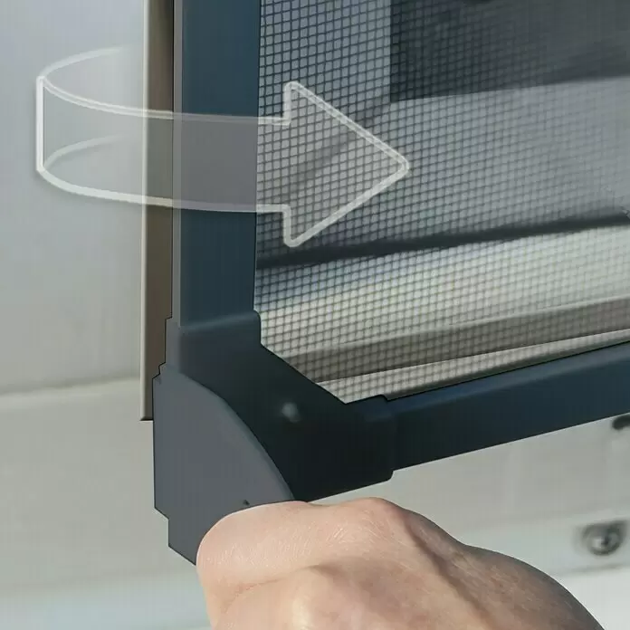 Schellenberg Insect Stop Insektenschutzfenster - B x H: 100 x 120 cm, Magnetisch anheften, Farbe Rahmen: Anthrazit - Eine Hand bedient eine dunkelgraue Fenstersieb-Ecke mit Netzgewebe, wobei ein transparenter Pfeil eine Drehbewegung anzeigt.