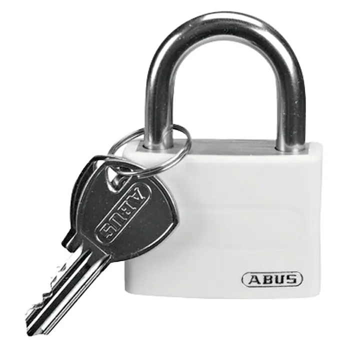 Abus Candado T65AL/40 - An x Al: 43 x 62 mm, 1 ud., Aluminio - Un candado ABUS con llaves correspondientes. El candado es blanco y el grillete es de metal. Perfecto para seguridad.