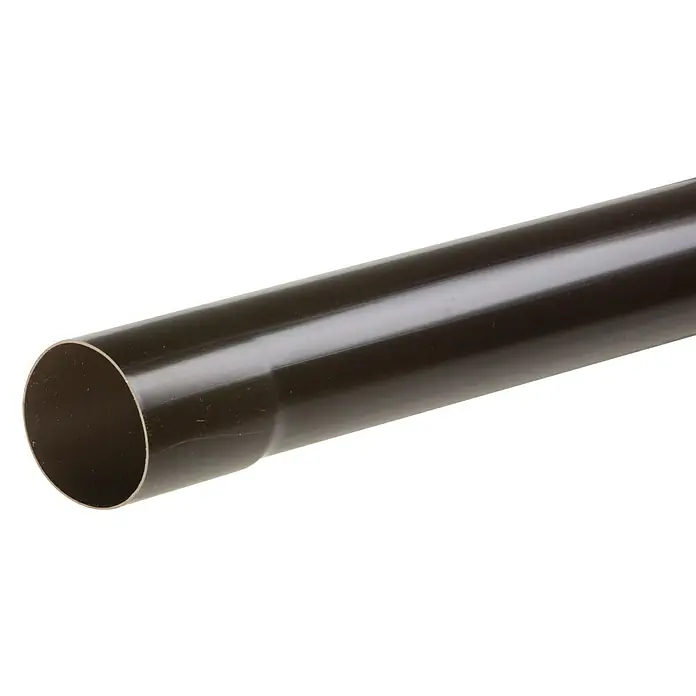 Dakota Tubo bajante 80 mm - Largo: 1 m, Marrón, 80 mm - Primer plano de una tubería de plástico marrón, utilizada para aplicaciones de fontanería o construcción, con la abertura limpia claramente visible.
