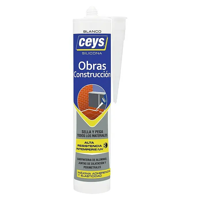 Ceys Silicona Ventanas Construcción - Blanco, 280 ml - Silicona blanca CEYS para construcción, ideal para sellar y pegar diversos materiales, con alta resistencia UV e intemperie.