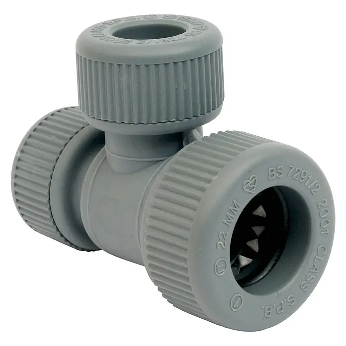 Pieza T reductora PB - Diámetro: 15 mm - Llave de paso de plástico gris con extremos estriados para una fácil instalación y un sellado seguro en sistemas de fontanería.
