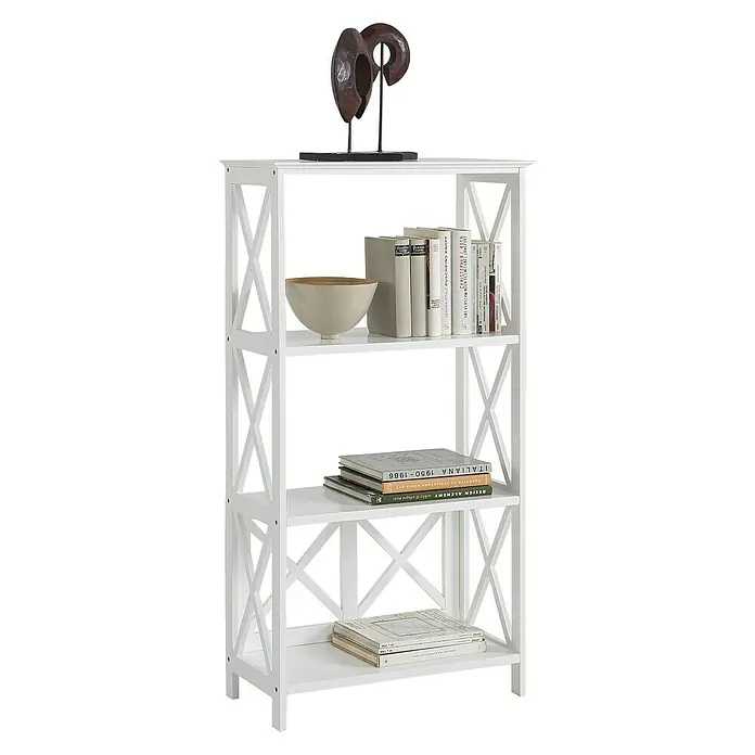 Estantería de madera Victoria - L x An x Al: 30 x 60 x 111 cm, Número de baldas: 4 ud., Blanco - Una estantería blanca con cuatro estantes, decorada con libros y una escultura. La estantería presenta un diseño en forma de X en los laterales.