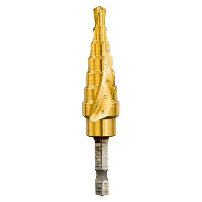 DeWalt Extreme Broca para metal DT5027-QZ - 1 ud., Diámetro de la broca: 6 mm - Imagen de una broca escalonada DeWalt de color dorado con marcas de tamaño, utilizada para taladrar con precisión diversos materiales.