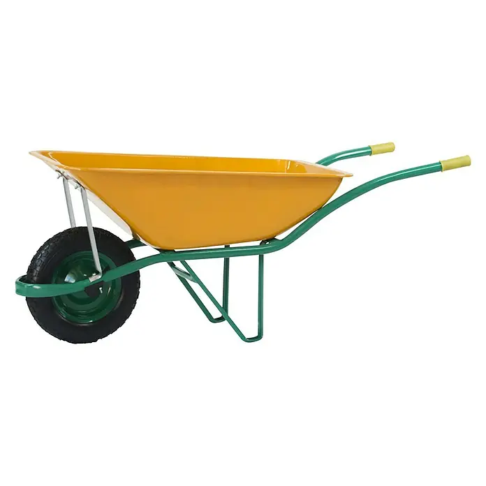 Altrad Carretilla de obra Pro - Acero, Capacidad volumétrica: 90 l - Carretilla amarilla con estructura verde y rueda negra. Ideal para jardinería y construcción.