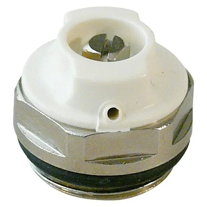 Tapón radiador universal Pack - ½″, 1″, 4 ud. - Primer plano de una válvula de purga del radiador con una parte superior de plástico blanco y un cuerpo hexagonal metálico.