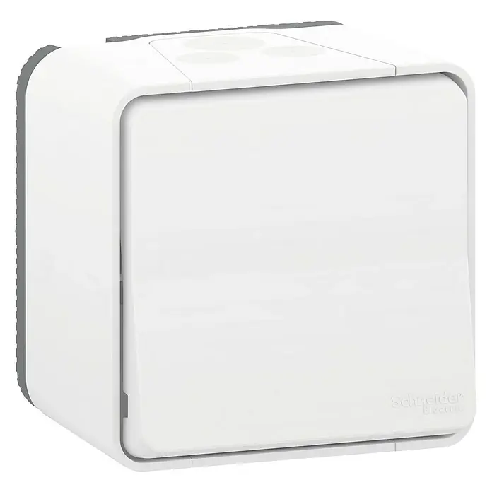 Schneider Electric Mureva Styl Conmutador con luz - Blanco, 10 A, Colocar - Primer plano de un interruptor blanco de Schneider Electric. El dispositivo tiene esquinas redondeadas y una superficie lisa, con el logo de la empresa.