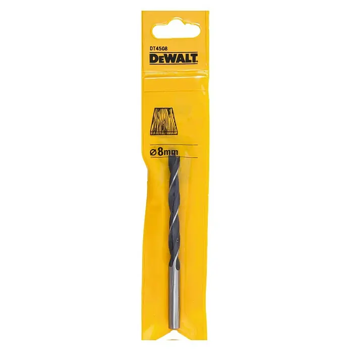 DeWalt Broca para madera DT4508-QZ - 1 ud., Diámetro de la broca: 8 mm - Primer plano de una broca para madera DEWALT DT4508 de 8 mm en su embalaje amarillo original.