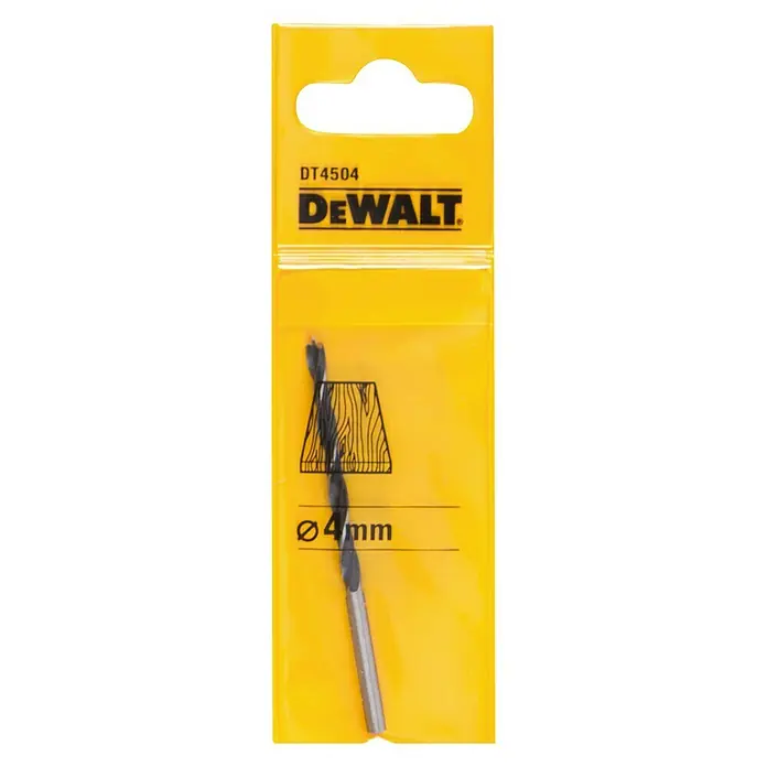 DeWalt Broca para madera DT4504-QZ - 1 ud., Diámetro de la broca: 4 mm - Broca para madera DeWalt, diámetro de 4 mm, en embalaje amarillo con logo. Ideal para trabajos precisos en madera.