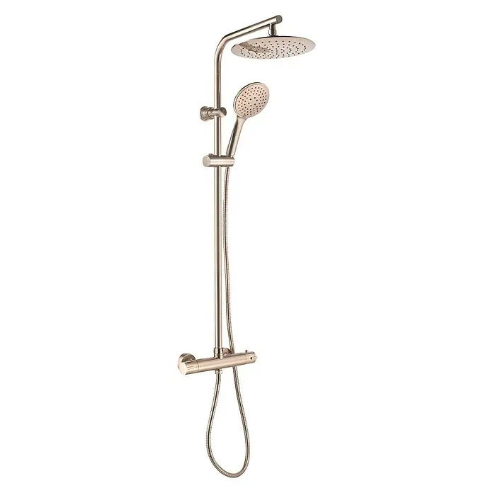 Rousseau Sistema de ducha Full - Con grifo termostático, Distancia entre orificios: 15 cm, Número de tipos de chorro: 3 ud., Acero inoxidable - Imagen detallada de un conjunto de ducha de níquel cepillado con rociadores superior y manual.