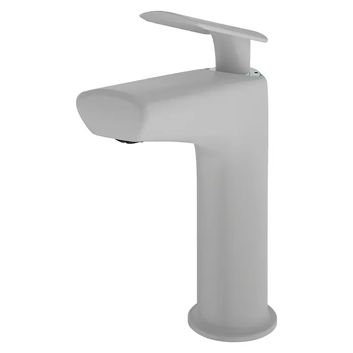 Galindo Siena Grifo de lavabo - Blanco, Mate - Esta foto muestra un grifo moderno y mate en un tono claro, perfecto para un baño elegante.