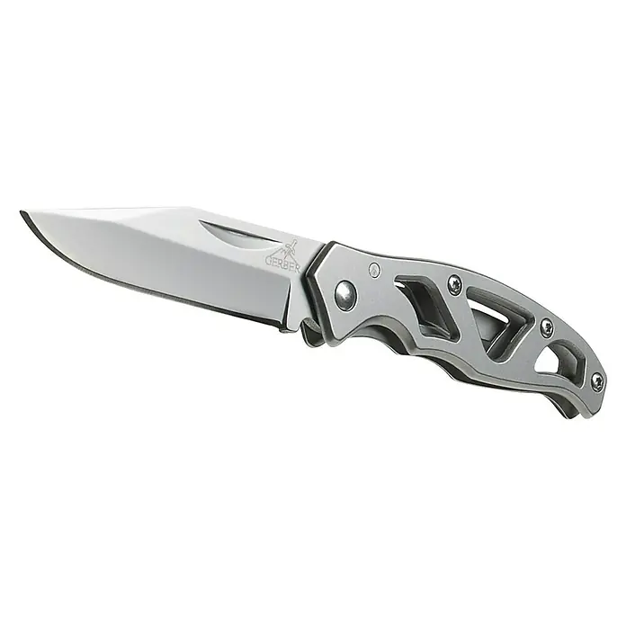 Gerber Multifunktions-Messer Paraframe Mini - Klingenlänge: 56 mm, Arretierbare Klinge - Silbernes Gerber-Klappmesser mit einer Klinge und einem skelettartigen Griff für einfachen Transport.