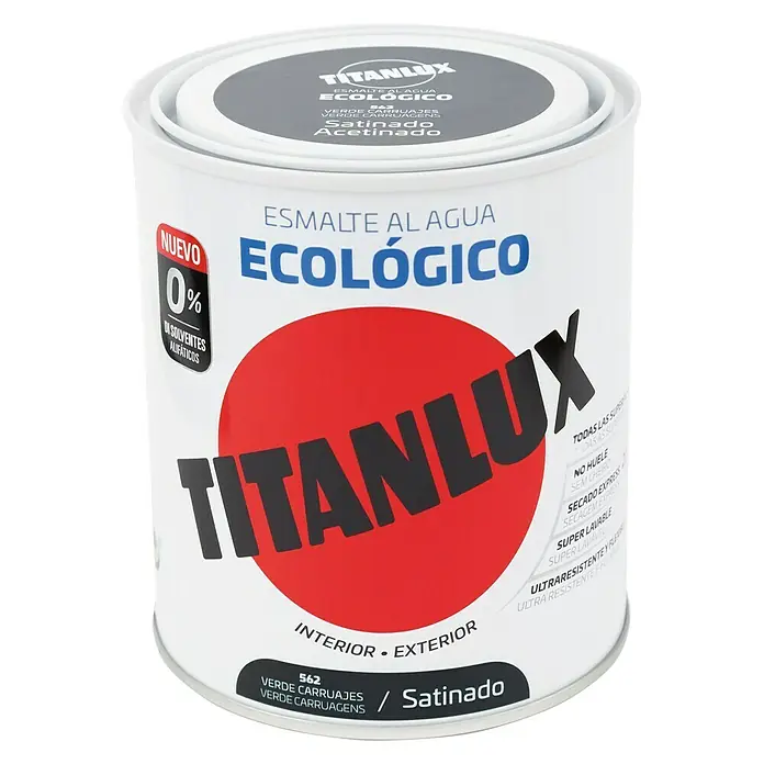Titanlux Esmalte de color Eco - Verde carruajes, Satinado, 750 ml, Base de agua - Bote de esmalte al agua Titanlux, ecológico, color "Verde Carruajes/Satinado", para interiores y exteriores.