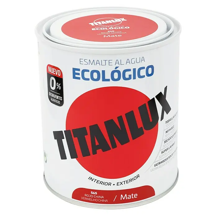 Titanlux Esmalte de color Eco - Rojo China, Mate, 750 ml, Base de agua - Una lata de esmalte al agua Titanlux, ecológico, color rojo China, para interiores y exteriores, sin disolventes, acabado mate.