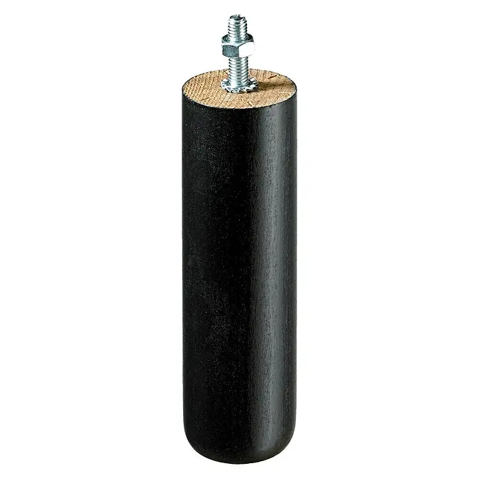 Hettich Möbelfuß Hamburg - Ø x H: 4,5 x 15 cm, Traglast: 50 kg, Holz, Schwarz - Ein einzelnes schwarzes Holzbein für Möbel mit einer Gewindeschraube und Mutter oben, ideal für DIY-Projekte und Möbelreparaturen.