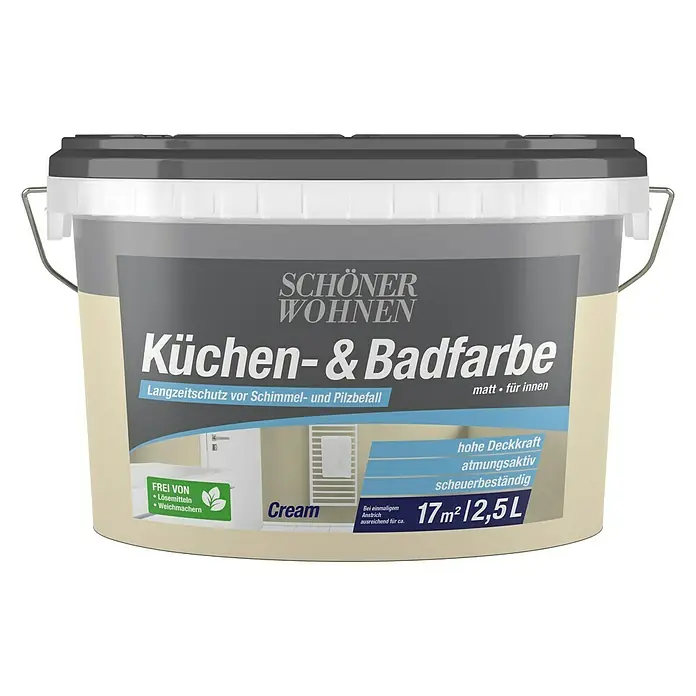 SCHÖNER WOHNEN-Farbe Bad- & Küchenfarbe - Cream, 2,5 l, Matt - Eimer Küchen- & Badfarbe "Cream" von Schöner Wohnen. Matte Farbe für Innenräume, Langzeitschutz gegen Schimmel und Pilzbefall, 2,5L für 17m².