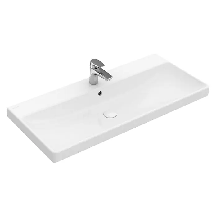 Villeroy & Boch Avento Waschtisch - 80 x 47 cm, Mit schmutzabweisender Glasur, Hahnloch: Mitte, Mit Überlauf, Weiß - Ein elegantes, rechteckiges Waschbecken aus Keramik mit einer modernen Armatur, ideal für jedes Badezimmer. Zeitloses Design.