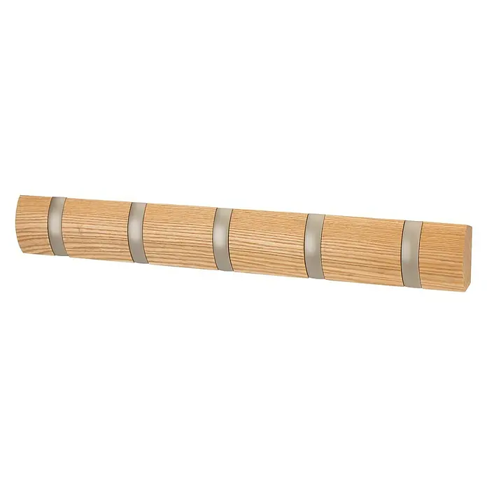 Umbra Garderobenleiste Flip - L x B x H: 51 x 2,5 x 7,6 cm, Anzahl Haken: 5 Stk., Natur - Eine hölzerne Wandgarderobe mit fünf ausklappbaren Haken, ideal für Jacken und Mäntel. Praktisch und platzsparend.