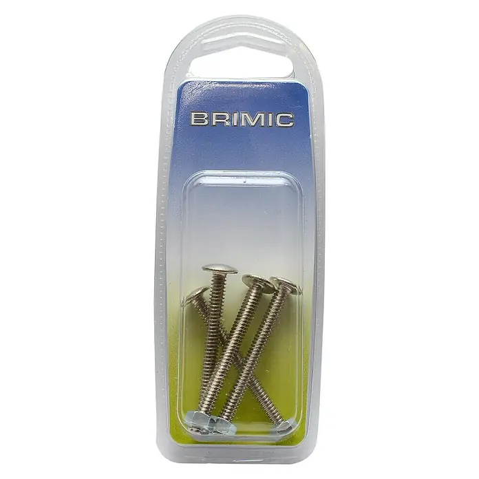 Micel Brimic Tornillo de rosca métrica con tuerca - Largo: 50 mm, M 3, Acero, 4 ud. - Primer plano de un paquete de tornillos BRIMIC, envasado en un embalaje de plástico transparente con un degradado azul.