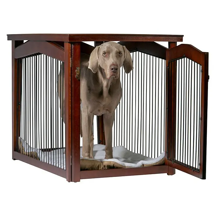 Dobar Hundekäfig - 101 x 71 x 80 cm, Geeignet für: Hunde - Ein brauner Hundekäfig mit einem Hund darin, der auf einem bequemen Kissen steht. Ideal für Haustiere, die einen sicheren Raum brauchen.