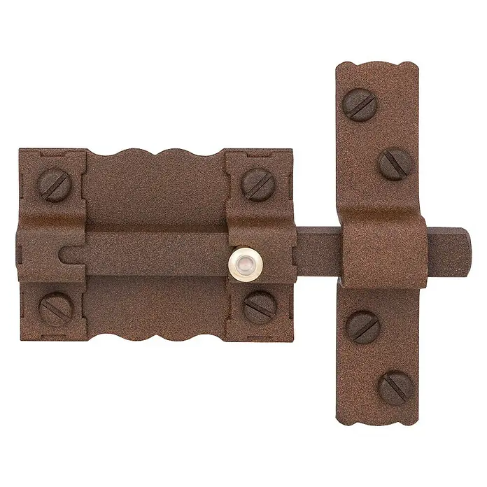 FAC Cerrojo 300-P/87 Óxido - L x An x Al: 87 x 117 x 26 mm - Primer plano de un cerrojo de caja de hierro decorativo, con adornos detallados y tornillos expuestos.
