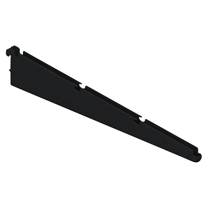 Element System Twin Drahtbodenträger - Länge: 32 cm, Belastbarkeit: 30 kg, Schwarz - Nahaufnahme einer schwarzen Regalschiene mit präzisen Aussparungen für eine stabile Wandmontage. Ideal für flexible Regalsysteme.