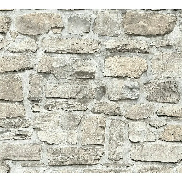 A.S. Création Il Decoro Vliestapete Steine - Beige/Grau, Steinoptik, 10,05 x 0,53 m - Nahaufnahme einer Wandverkleidung mit grauen Natursteinen und Mörtel. Das Steinmuster erzeugt einen rustikalen und natürlichen Look.