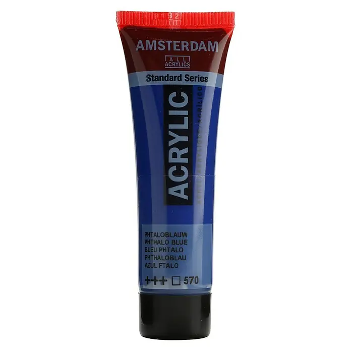 Talens Amsterdam Pintura acrílica Standard - Azul ftalo, 20 ml, Tubo - Primer plano de un tubo de pintura acrílica Amsterdam Standard Series en azul ftalo, ideal para artistas y artesanos.