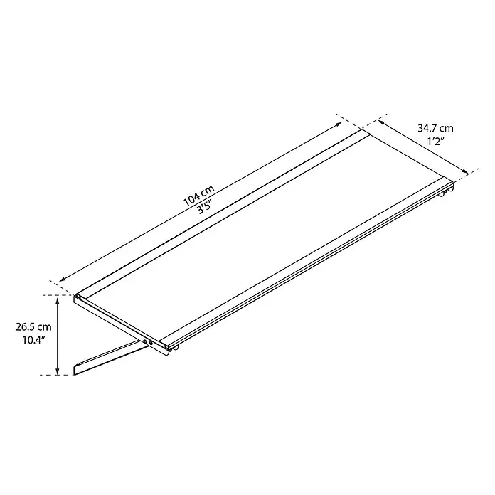 Palram – Canopia Yukon Fachboden - L x B: 34 x 104 cm, 4 Stk., Passend für: Palram Yukon Gerätehäuser - Abbildung eines Tisches mit den Maßen 104 cm x 34,7 cm.