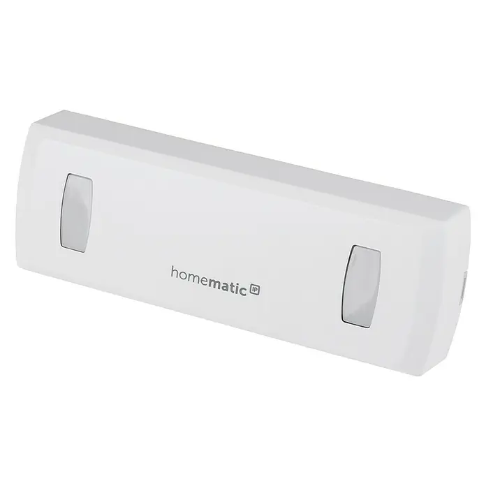 Homematic IP Türsensor HmIP-SPDR - Weiß, Batteriebetrieben, 22 x 128 x 45 mm - Nahaufnahme eines Homematic IP-Geräts, das sich durch ein schlichtes, weißes Design und zwei rechteckige Aussparungen auf der Vorderseite auszeichnet.