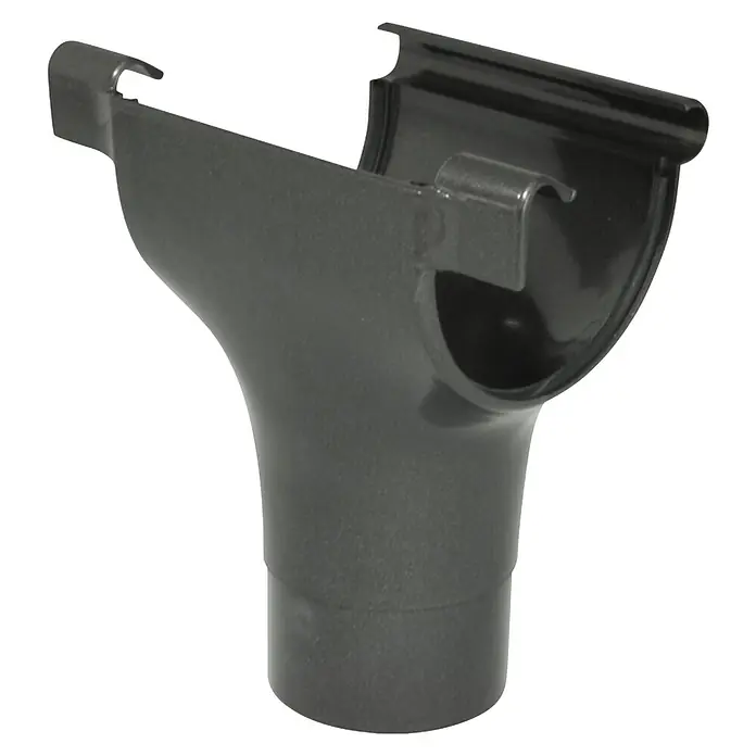 Marley Rinnenstutzen - 125/105 mm, Kunststoff, Anthrazit-Metallic - Abbildung eines Fallrohrstutzens. Dieses Produkt ist für die Installation von Dachrinnensystemen unerlässlich, um Wasser abzuleiten.