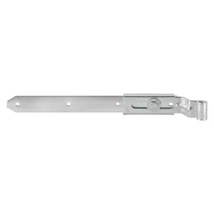 Stabilit LadenbandL x B x H: 500 x 40 x 5 mm, Stärke: 5 mm, Verstellbar: 0 mm - 30 mm, Verzinkt - Ein silberner, gerader Türbänder mit Montagelochern und einem Bolzen zur Befestigung. Ideal für die sichere und einfache Montage von Türen.