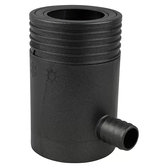 Marley Regensammler - Nennweite: 53 mm - 75 mm, Filter, Anthrazit-Metallic - Dunkelgraues zylindrisches Kunststoffteil mit geripptem Oberteil und seitlichem Schlauchanschluss. Symbole: Schneeflocke, Sonne.