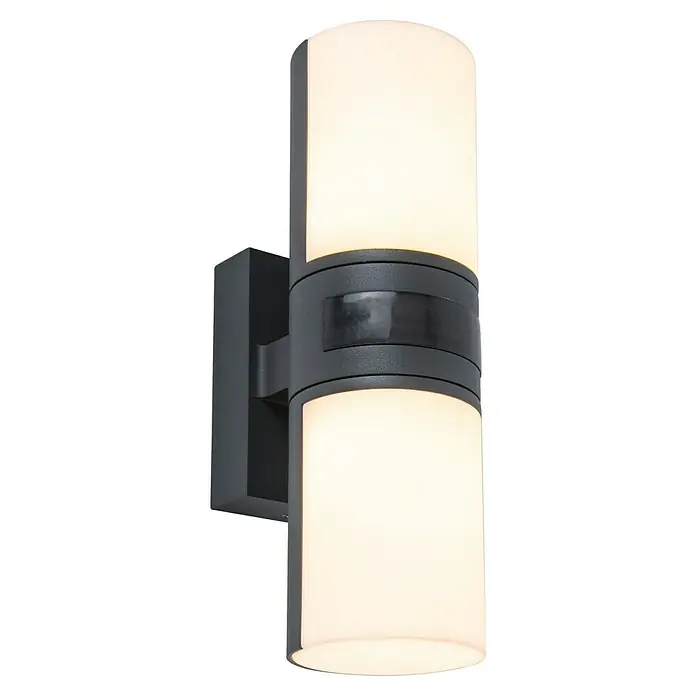 Lutec LED-Sensor-Außenwandleuchte Cyra - 16 W, L x B x H: 7,8 x 12 x 24,5 cm, Anthrazit/Weiß, Warmweiß - Moderne Wandleuchte mit zwei zylindrischen Leuchtenkörpern und grauer Halterung. Elegante Beleuchtung für den Außenbereich.