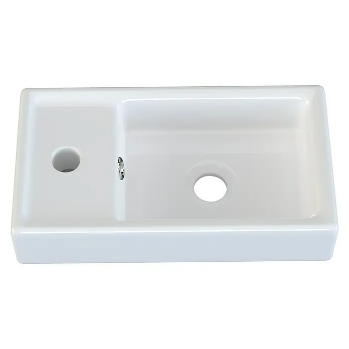 Camargue Espacio Einbauwaschbecken Mini - 22 x 40 cm, Weiß - Hochauflösende Nahaufnahme eines eleganten weißen Waschbeckens mit klaren Linien und modernem Design. Ideal für stilvolle Badezimmer.