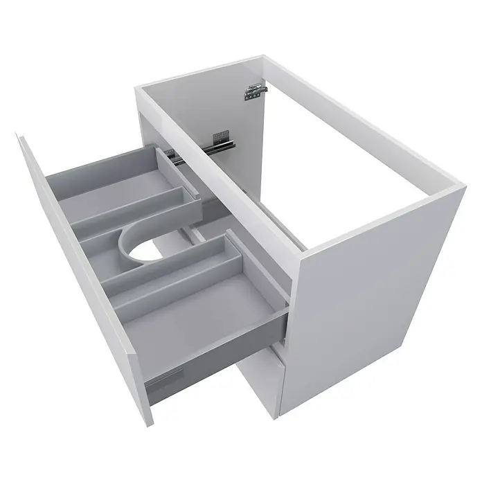 Camargue Espacio Waschtischunterschrank - 80 x 46 x 60 cm, 2 Schubkästen, Gama weiß glänzend - Die Abbildung zeigt einen weißen Badezimmerschrank mit einer offenen Schublade, die Fächer zur Aufbewahrung von Gegenständen enthält.