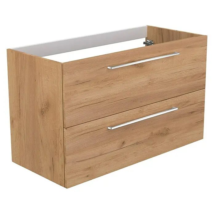 Camargue Espacio Waschtischunterschrank - 100 x 46 x 60 cm, 2 Schubkästen, Doce - Ein moderner Waschtischunterschrank mit zwei Schubladen in Holzoptik und silbernen Griffen. Praktisch und stilvoll für jedes Badezimmer.
