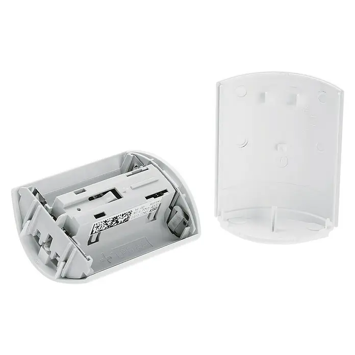 Homematic IP Funk-Bewegungsmelder HmIP-SMI - Weiß, 34 x 52 x 65 mm, Batteriebetrieben - Weißes Gehäuse für ein elektronisches Gerät, offen und mit Batteriefach für LR6/AA-Batterien.