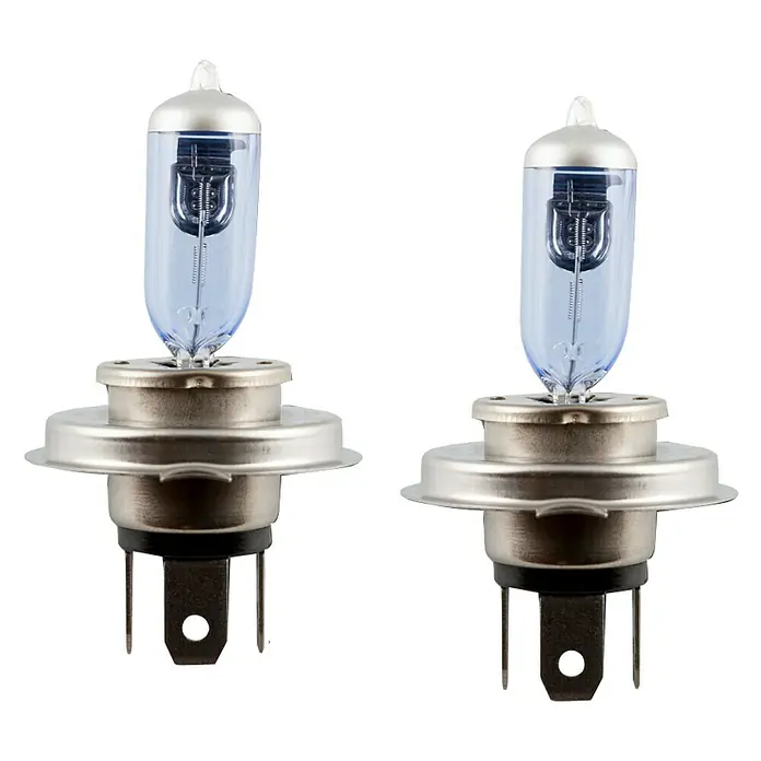 Bombilla para faro delantero BOM12721 - 12 V, 2 ud., Azul - Dos bombillas halógenas H4 para coche con filtro de filamento de vidrio azul para aumentar la luz brillante en la carretera.