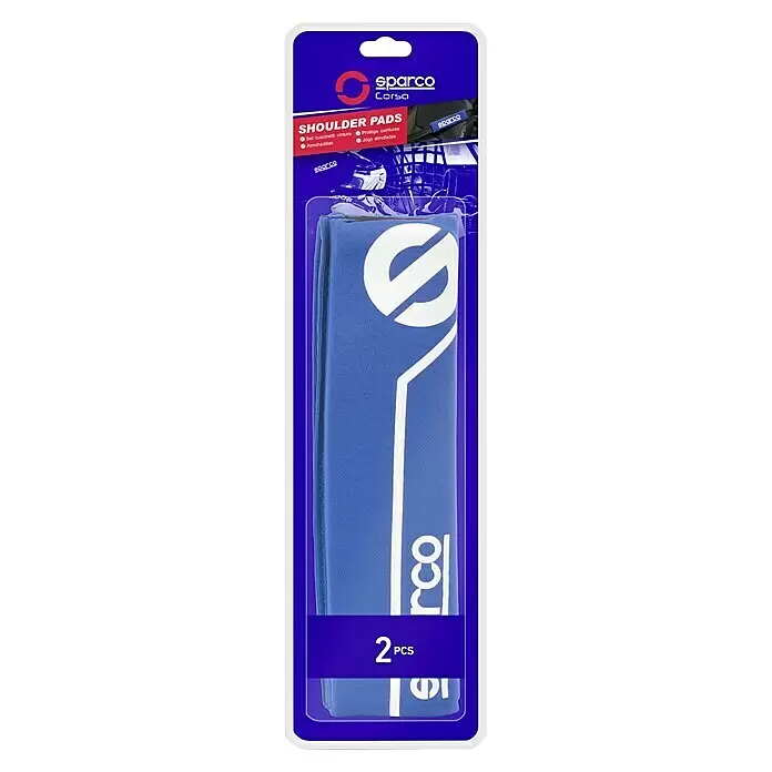 Sparco Almohadillas para cinturón de seguridad - Apto para: Coches, 2 ud. - Hombreras Sparco Corsa azules, 2 uds, con logo blanco en paquete transparente.