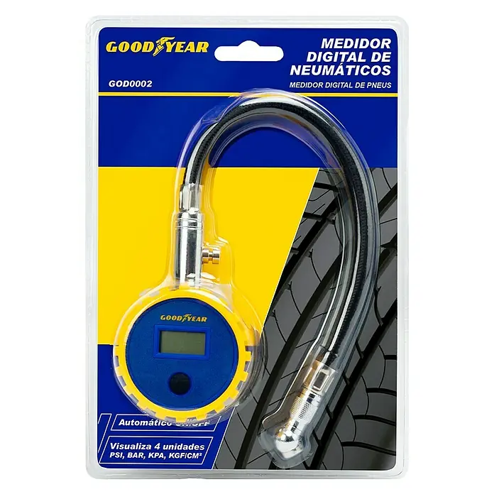 Goodyear Manómetro de presión de aire digital - Tubo extraíble - Imagen de un medidor digital de presión de neumáticos Goodyear en un paquete sellado sobre un fondo negro.