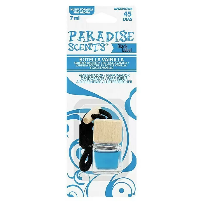 Ambientador de coche para colgar - Vainilla, 8 sem. - Ambientador de coche de vainilla empaquetado: pequeña botella de cristal con líquido azul, tapón de madera y cordón negro.